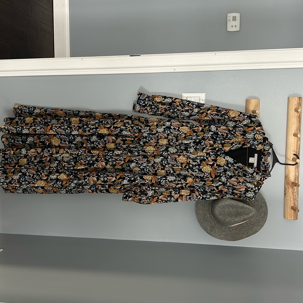 Lucky Brand size small black maxi dress with blue and orange floral print